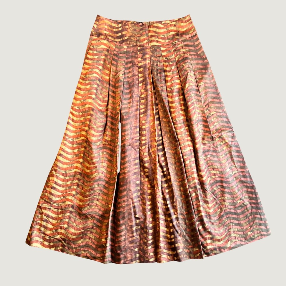 Trevan Womens Pleated Maxi Skirt 4 Red Gold Cotton Wavy Stripe Metallic Sheen
